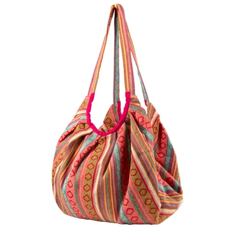 Pink Jacquard Cotton Baguette Shoulder Travel Canvas Tote Bag Hobo Style Casual Market Purse