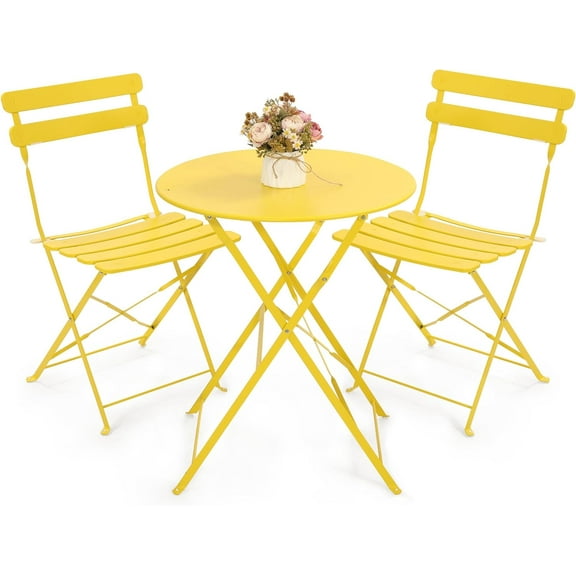 Kromax Outdoor 3 Piece Patio Bistro Set, Folding Bistro Table and 2 Folding Chairs, Patio Conversation Furniture Set, Space Saving, Yellow