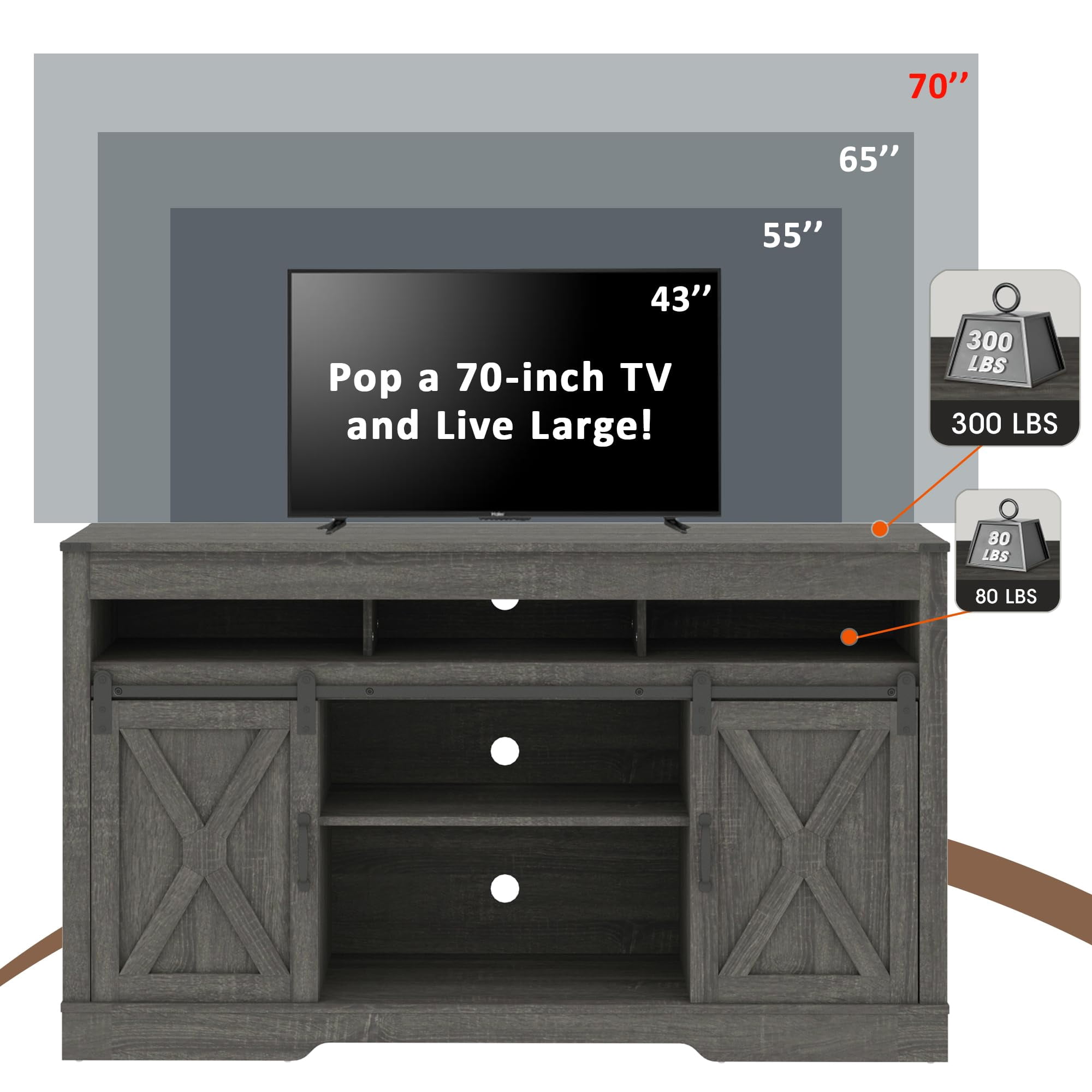 58 Inch Farmhouse TV Stand with Sliding Barn Doors, CARB P2 MDF Entertainment Center with Adjustable Shelves & Cable Holes, 300 LBS Weight Capacity Media Console for TVs Up to 65 Inch