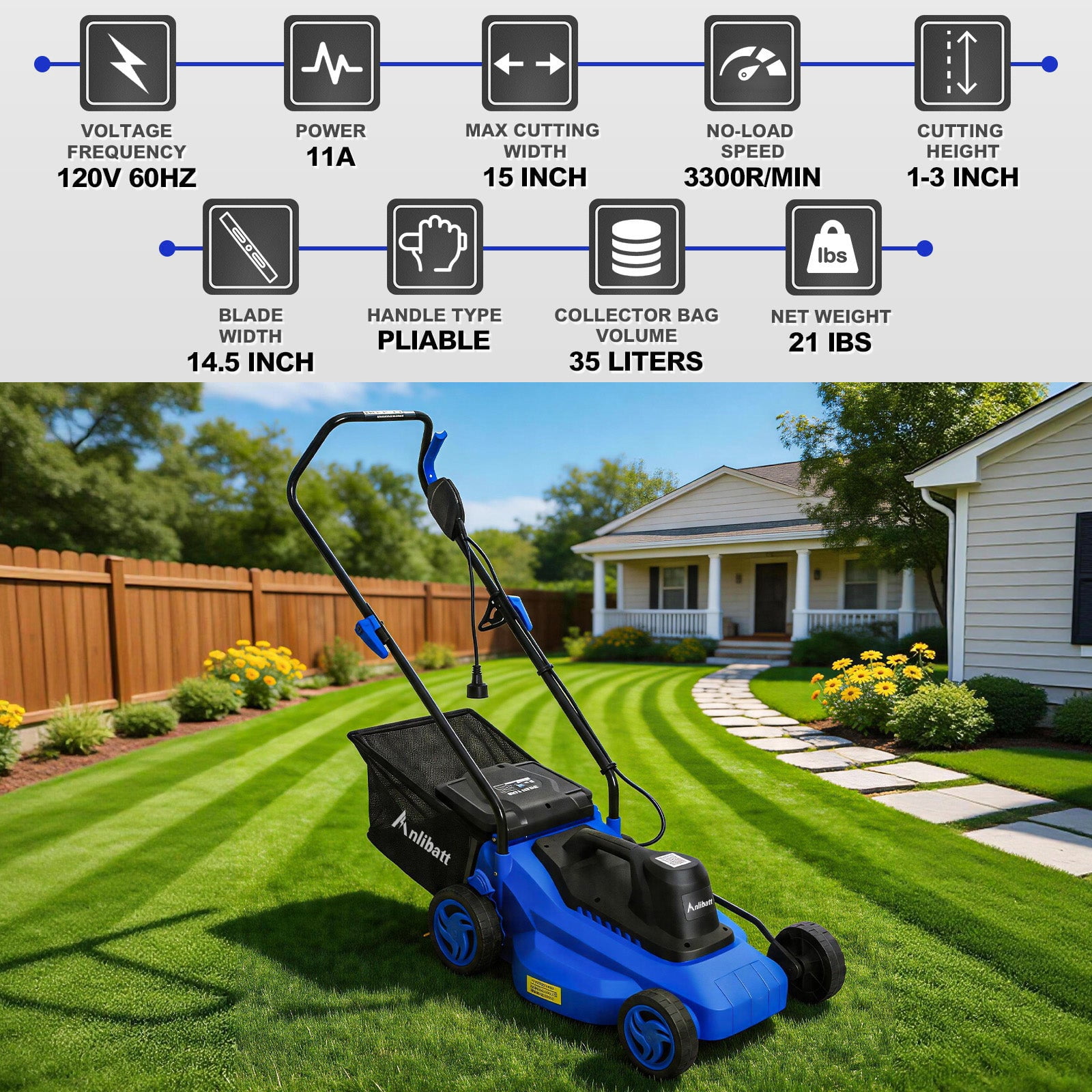 ANLIBATT 15 Inch Corded Electric Push Lawn Mower With 9.2 Gallon Collection Bag, 5-Position Height Adjustment, Lightweight for Yard & Garden
