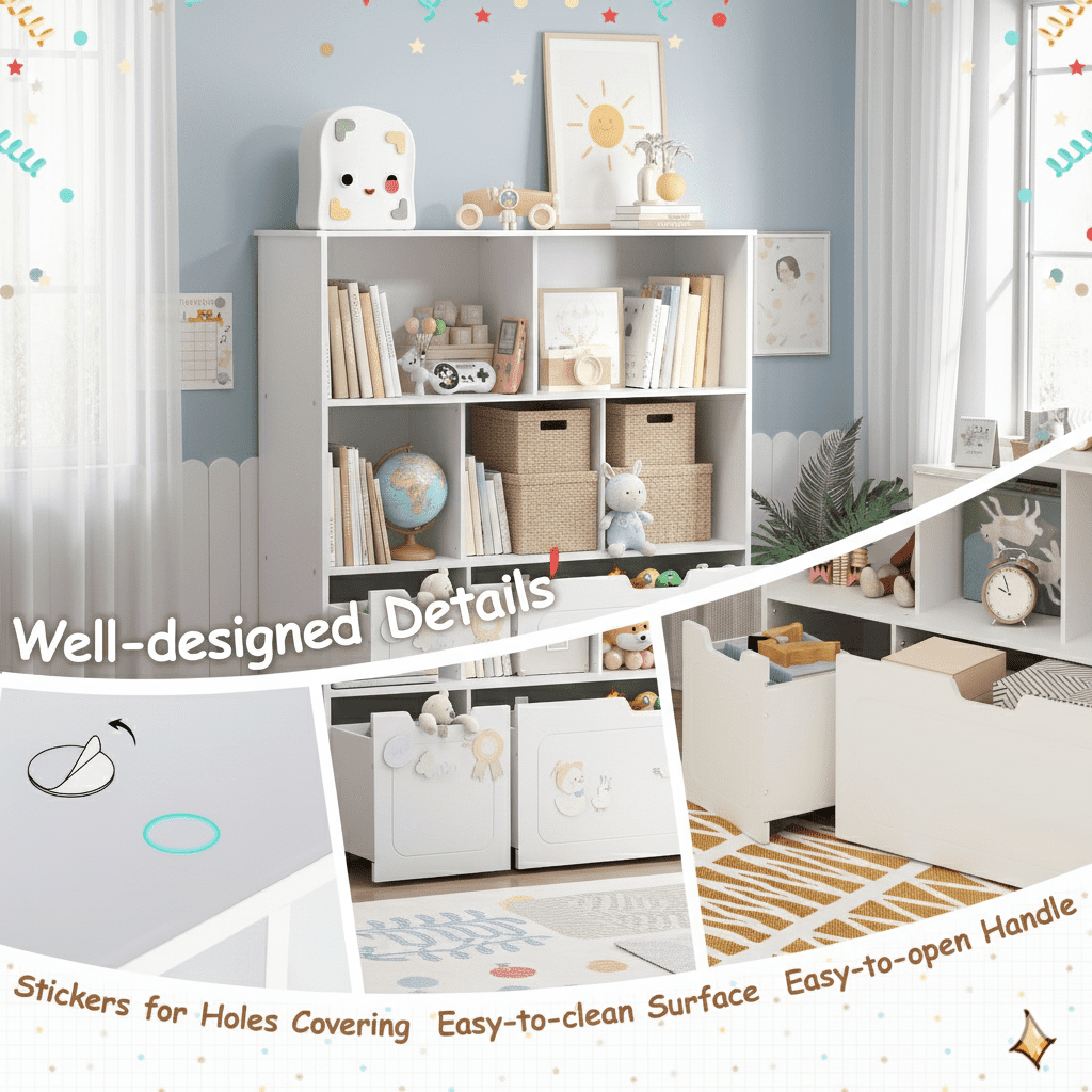 BRINJOY 3-Shelf Kids Bookcase Storage Organizer with 2 Movable Drawers