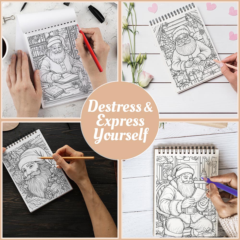 Netecom Santa Christmas Coloring Book Spiral Bound For Adults, A5 Wooden Cover, 30 Fesive Coloring Pages of Santa Scenes for Stress Relief and Relaxation