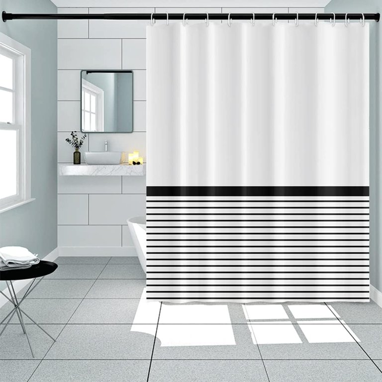 Ocean Wave Beach Black Striped Print Waterproof Shower Curtain with Hooks