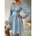 thumbnail image 3 of SEARIPE Women's Long Sleeve Plain Square Neck Ruched High Waist Dress Lace-up Casual Elegant Midi Dresses Light Blue M, 3 of 4