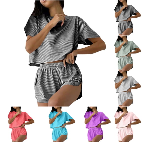Bovxnpu Womens Pajama Sets Short Sleeve Short Set Sleepwear Fall Knit Striped Short Sleeve Shorts 2-Piece Fashion Outer Wear Sleepwear