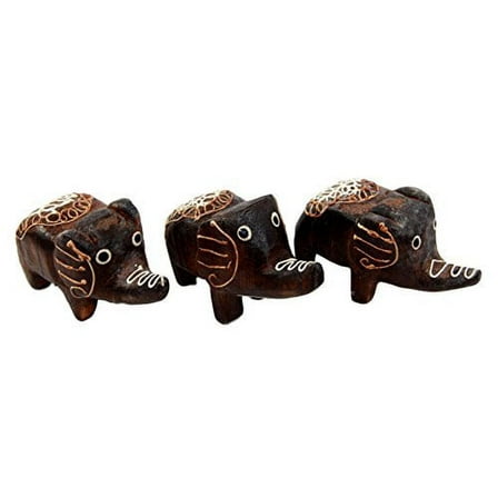 Balikraft Hand Made Wood Artisans "Gajah Iring" Javanese Elephant Family Tail To Tail Miniature Figurine Set 2.75"L