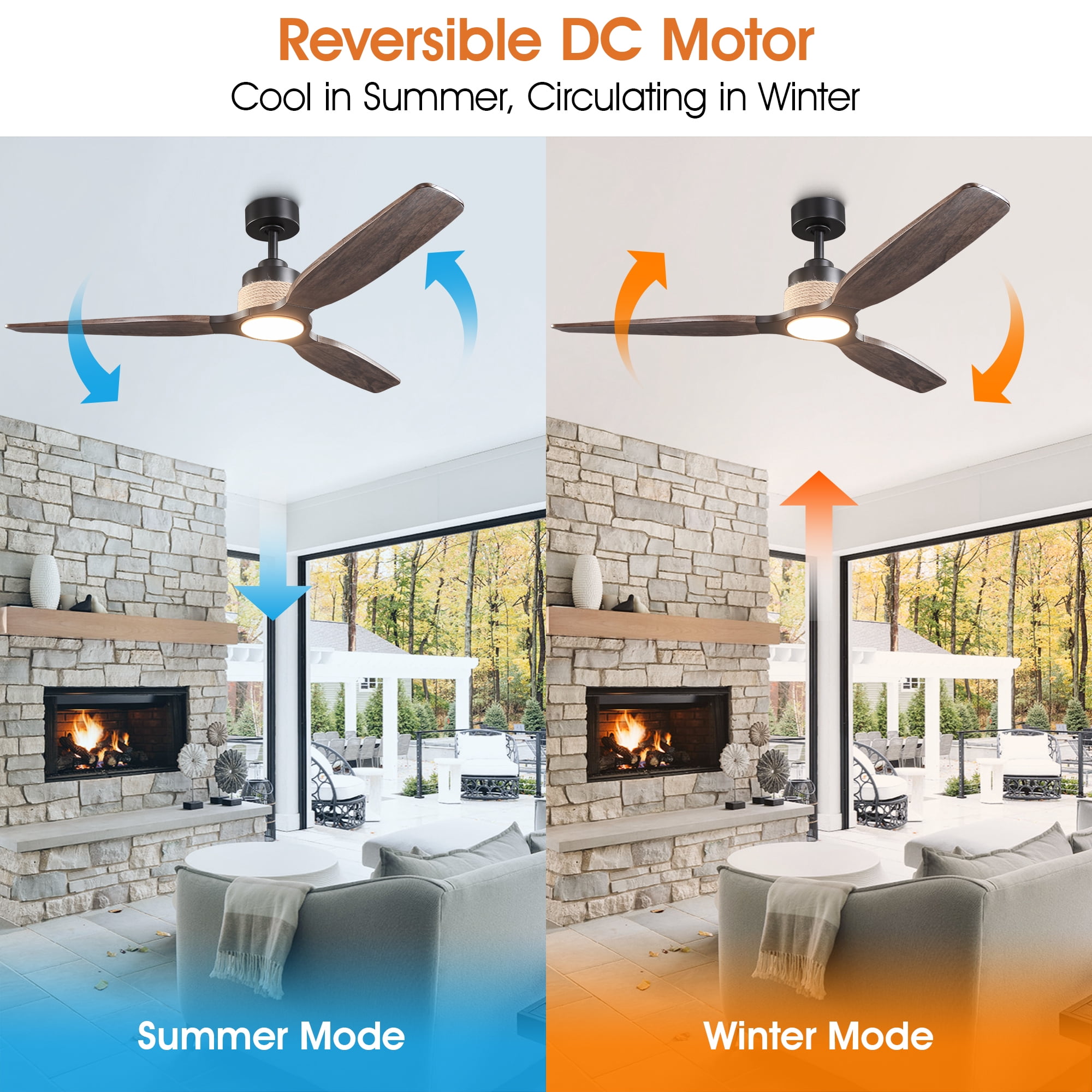 Parrot Uncle 56" Farmhouse Brown Solid Wood Dimmable LED Ceiling Fan with Light and Remote Control, Living Room Ceiling Fan