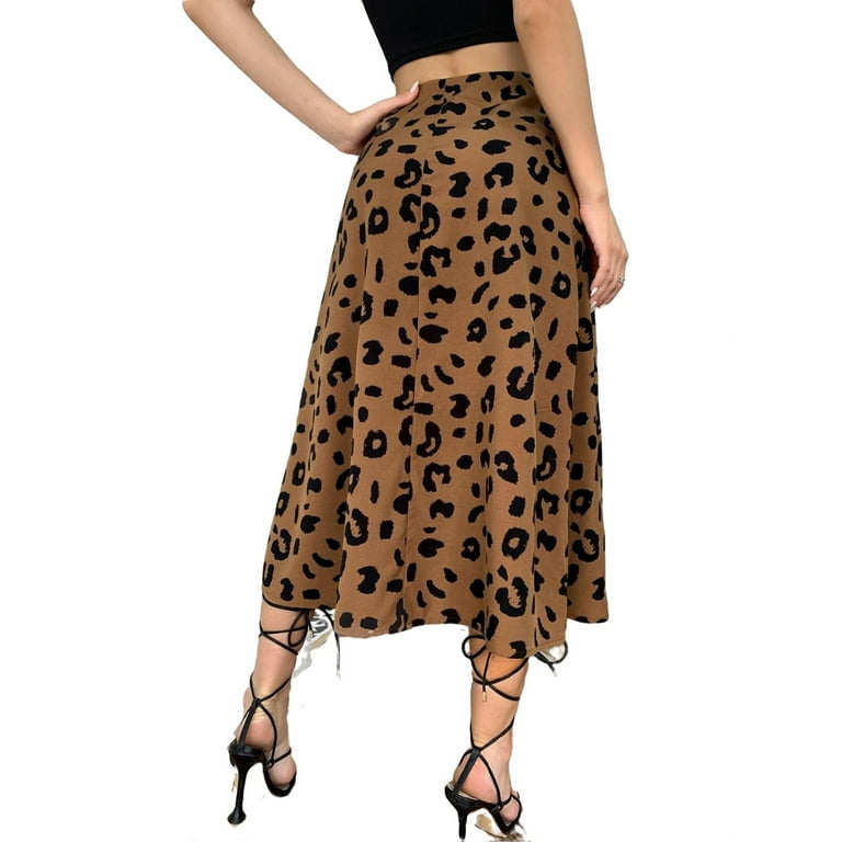 Women s Casual Leopard Thigh Slit Midi Skirt M