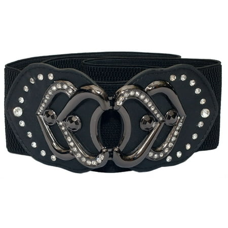 Fashion Rhinestone Belt - eVogues Plus Size Heart Rhinestone Accented Elastic Fashion Belt Black