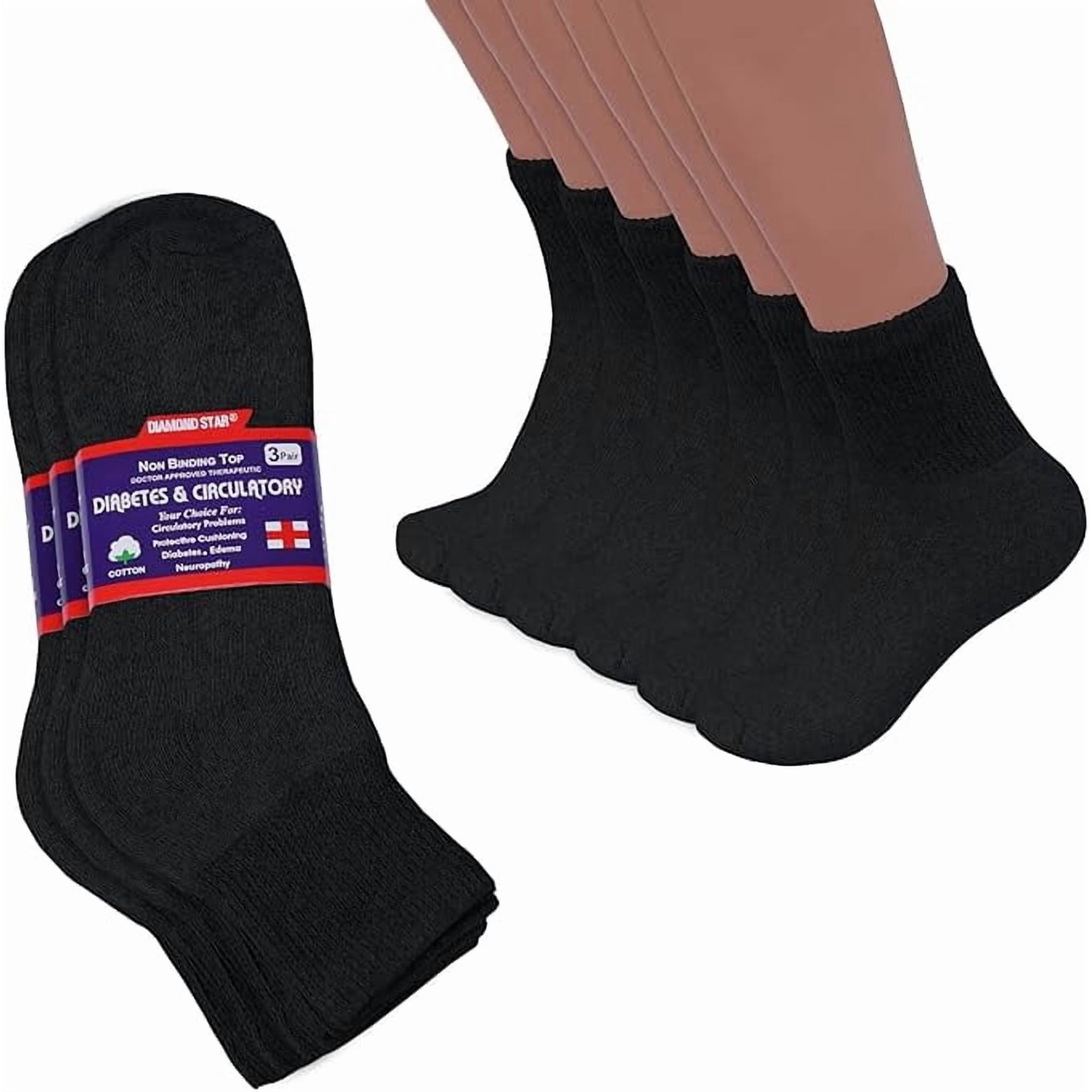 Diamond Star Diabetic Ankle Socks - Non Binding Quarter Socks for Men & Women, Cushion Circulatory Socks (Black - 6 Pairs, Socks Size 10-13, Fit Women's Shoe Size 7-12)