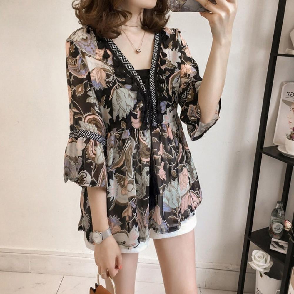 Louyue Womens 3/4 Bell Sleeve V Neck Lace Patchwork Blouse Casual Loose Shirt Tops