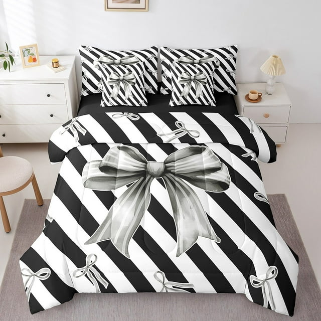 Erosebridal Teens Cute Bowknot Bedding Sets Full Size, Cool Ribbon Comforter Sets with Sheets, Princess Style Decor, Reversible