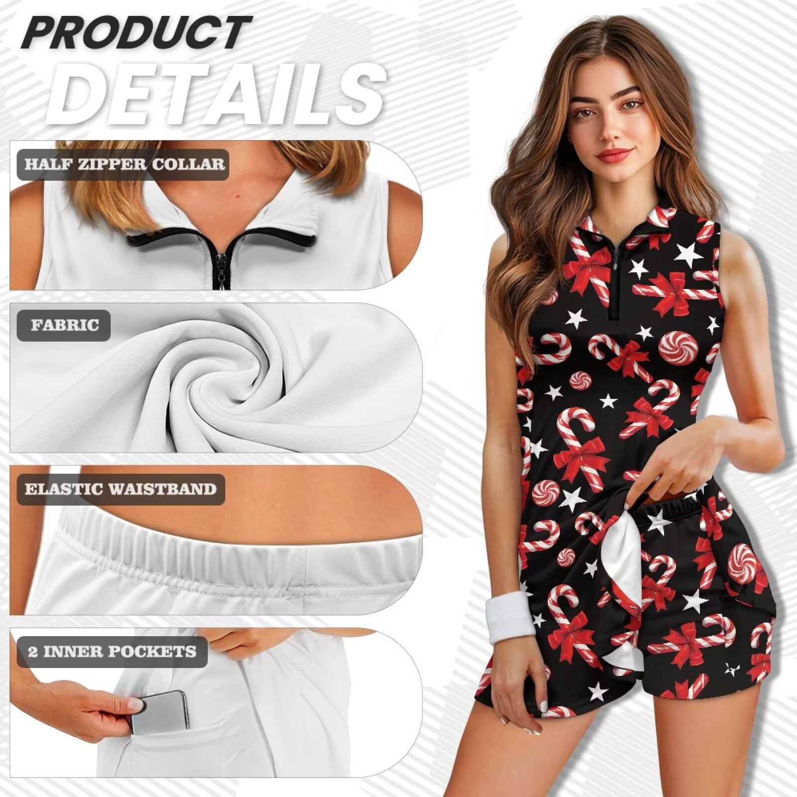 Yuyamidu Candy Canes Womens Tennis Dress Built in Shorts with Pockets 2 Piece Sets Red Bow Athletic Golf Tank Dresses Christmas Active Workout Dress Size XS
