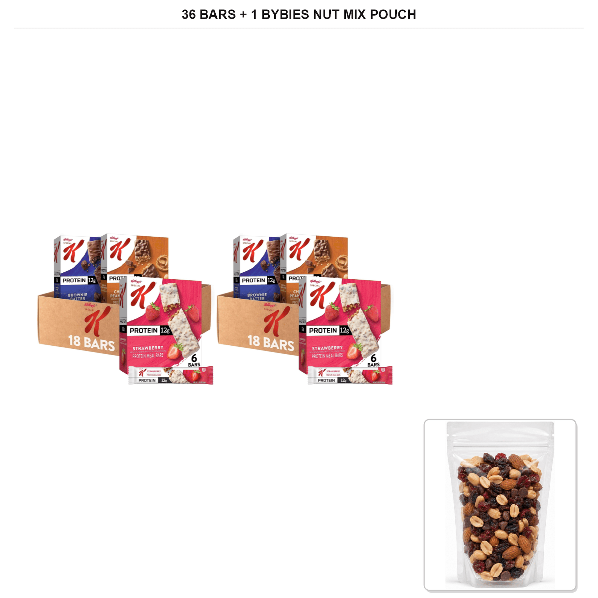 Special K Protein Meal Bar Variety Pack, Strawberry, Chocolate Brownie Batter, and Chocolate Peanut Butter, 36 Bars + 1x Bybies Nut Mix Pouch, 2 oz