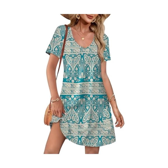 Summer Dresses for Women 2025 Loose V Neck Short Sleeve Casual T Shirt Dress Sundresses Swimsuit Coverup with Pockets