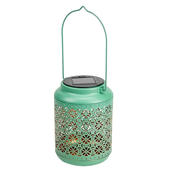 Northlight 7" Green Integrated Floral Pattern Outdoor Solar Lantern with Handle
