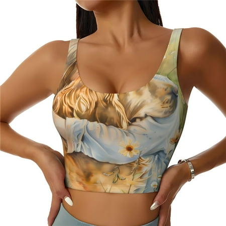 Jgfou Girl Hugging Dog Flowers Print Womens Sports Bra - Padded Workout Sports Bras Crop Tank Top