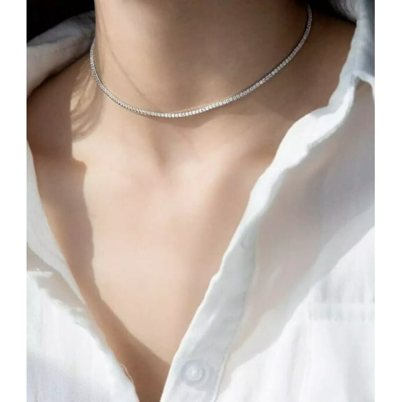 2mm 10Ct Round Lab Created Diamond Tennis Necklace 16 inch 14K White Gold Plated