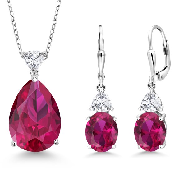 Gem Stone King 925 Sterling Silver Red Created Ruby and White Zirconia Pendant Earrings Jewelry Set for Women (21.31 Cttw, Pear Shape 18X13MM, with 18 inch Chain)
