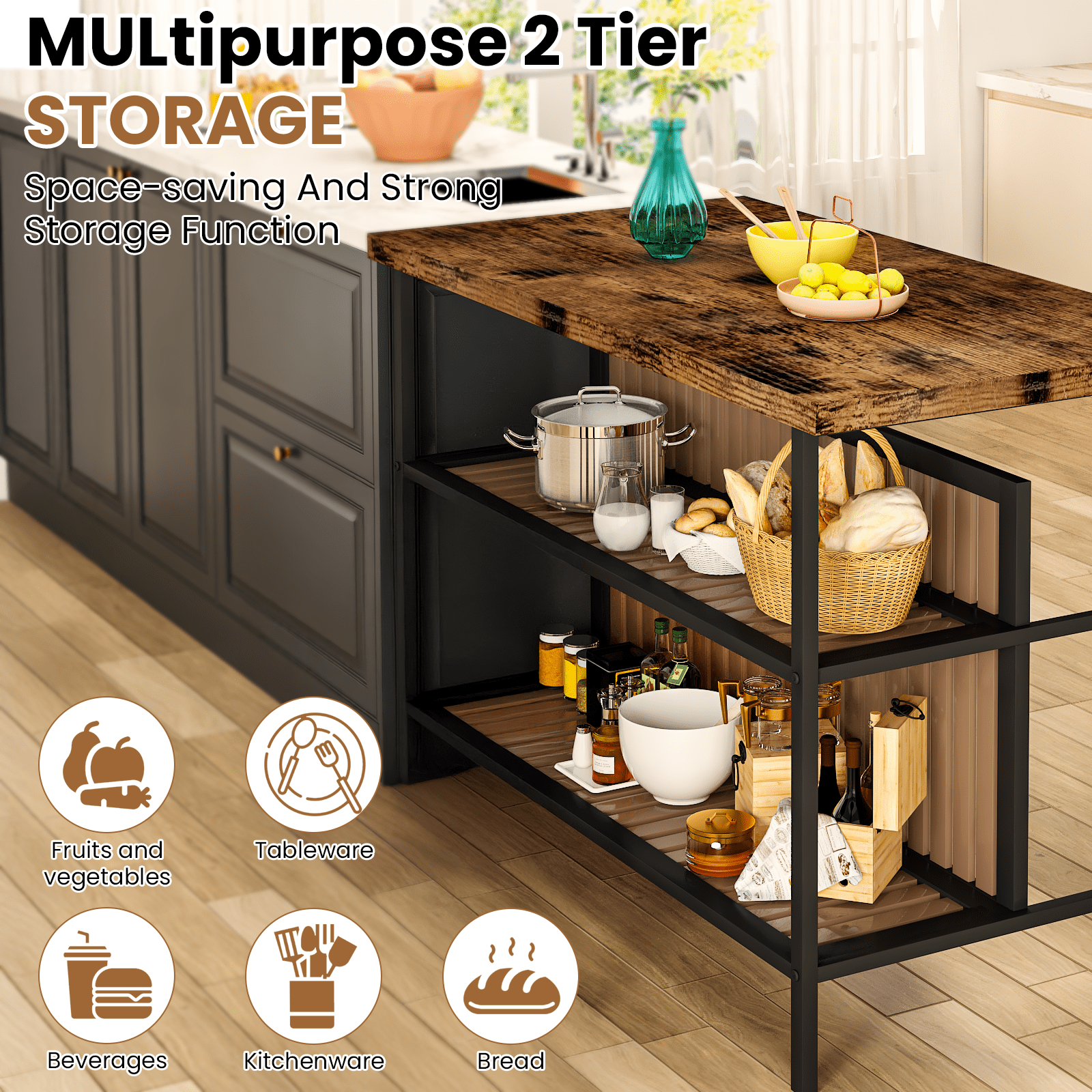 Cvortll Kitchen Island with Seating and Storage, 47.2" Wooden Counter Height Bar Table with 2 Stools, Space Saving Dining Table Set for Small Apartment or Bistro, Brown