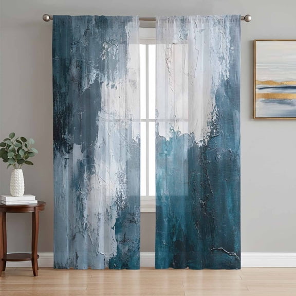 Blue Teal Sheer Curtains 84 Inch Length 2 Panels Set, Modern Oil Painting Vintage Abstract Voile Window Treatment Rod Pocket Curtains Sheers Drapes for Bedroom/Living Room/Kitchen 52"x84"x2