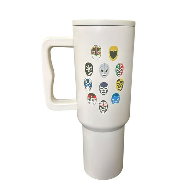 Termo de acero inoxidable color blanco mate, Luchadores, de 1.2 litros con agarradera de silicona