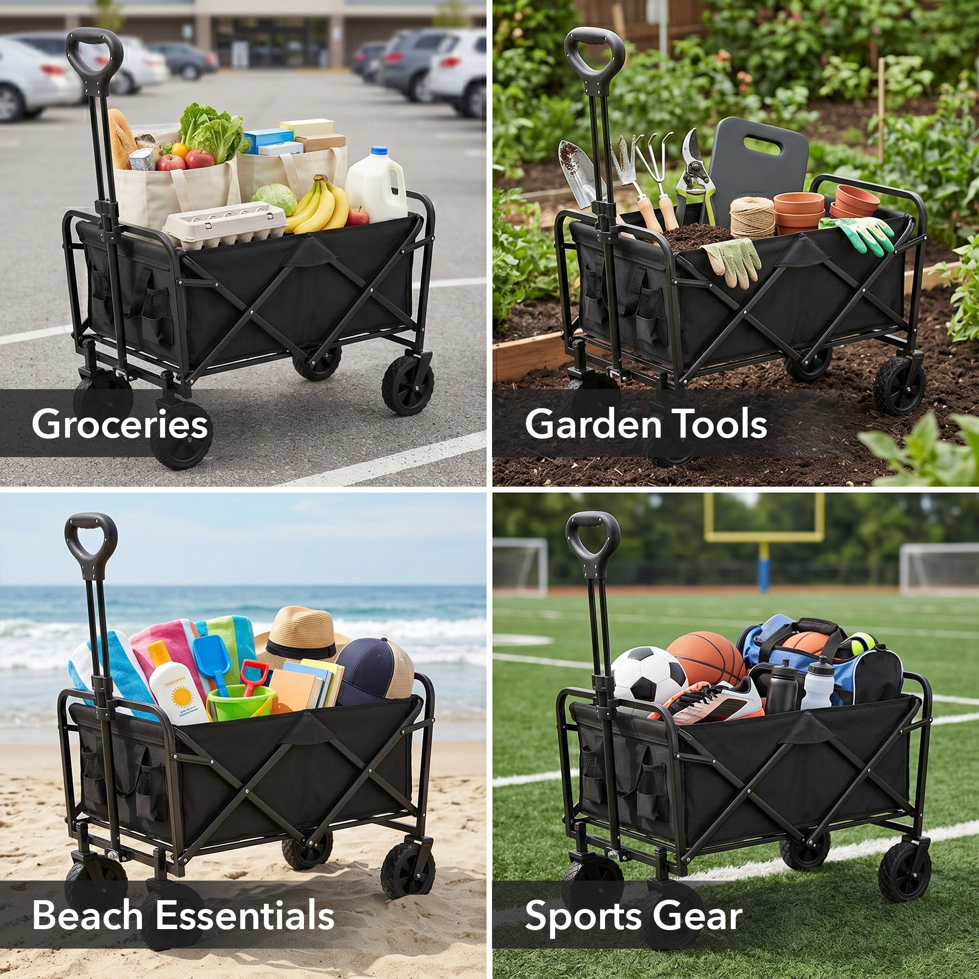 OVENTE Collapsible Foldable Wagon, 220lbs Weight Capacity, Black WFU011B | Heavy-Duty Fabric and Metal Frame, Portable Folding Utility Cart for Grocery Shopping, Outdoor Sports, Beach and Camping