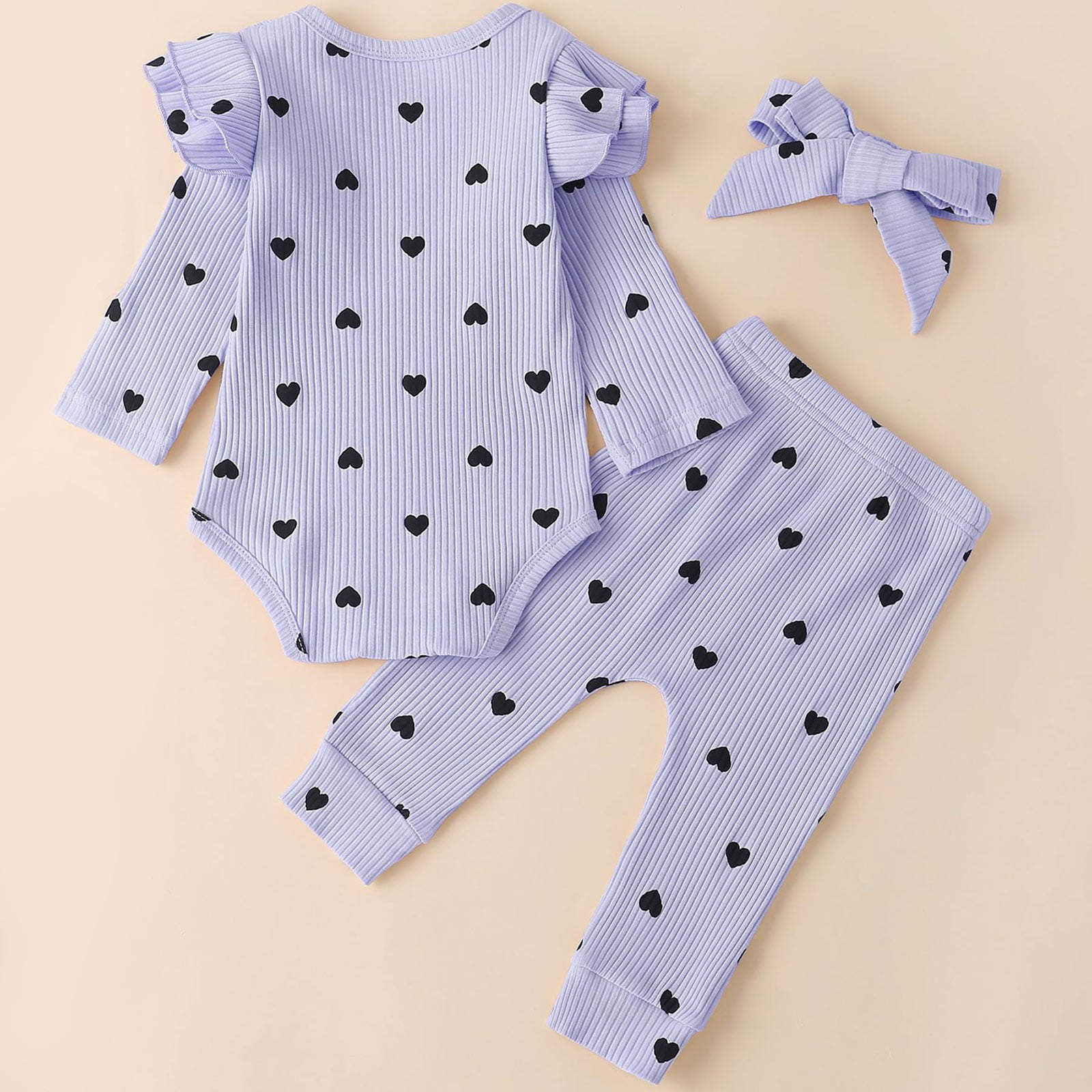 Baby Girl 6 Months Clothes Unique Baby Gifts Baby Girl's 3pc Rib Frill Long Sleeve Romper and Pant Set Light Purple 12-18 Months