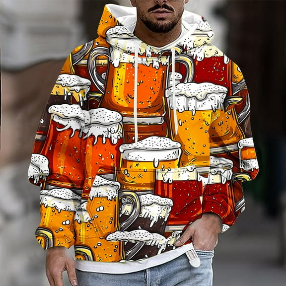 Jackets for Men Hooded Sweatshirts Casual Round Neck Print Pullover Long Sleeve Sweatshirt,Top for Men Orange