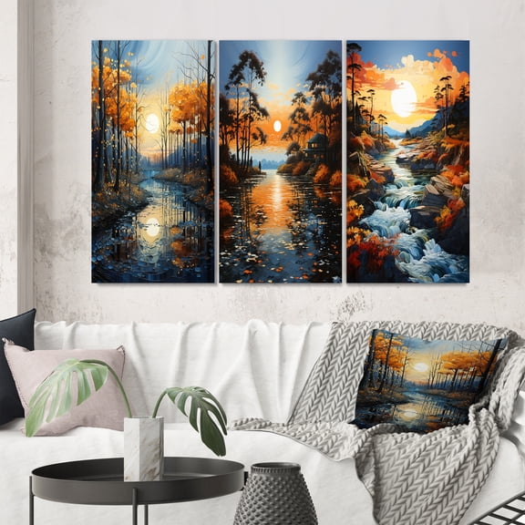Designart "Boldness of the Azure River III" Landscape & Nature Wall Art Set Of 3 - Yellow Lake Gallery Wall Set For Home Decor