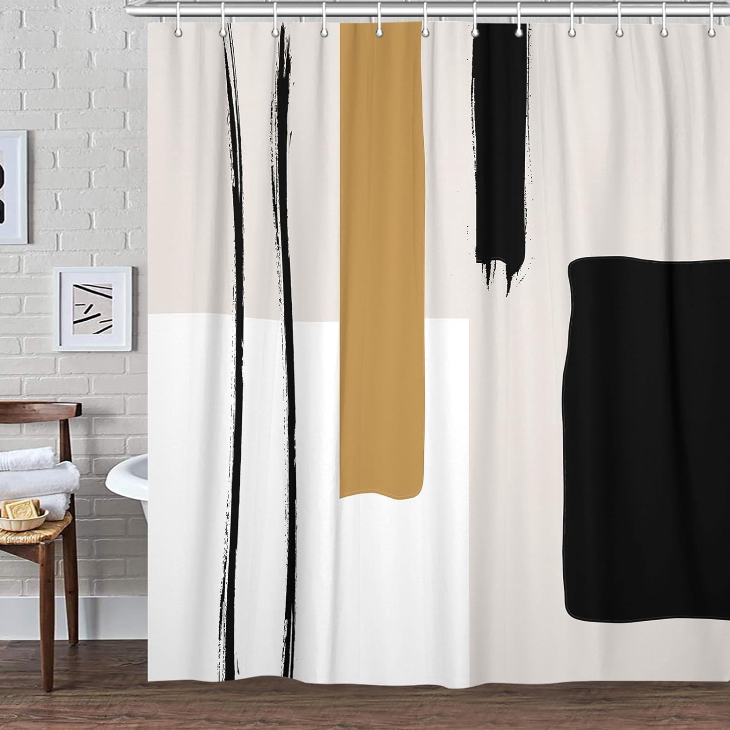 Abstract Modern Shower Curtain, Cute Geometric Minimalist Black and White Shower Curtains Set, Retro Beige Yellow Tan Mid Century Restroom Decor Accessories with Hooks 72X 72 In
