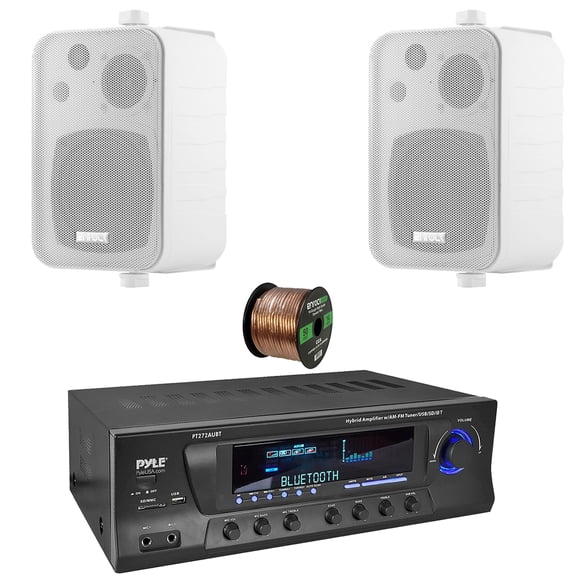 Pyle PT272AUBT High-Power 300 Watt Max Bluetooth Home Theater Amplifier Receiver with AM/FM Radio, MP3 & USB Playback, 2x 4" 30W Max Power 3-Way Indoor/Outdoor Box White Speakers W/50 Feet 16G Wire