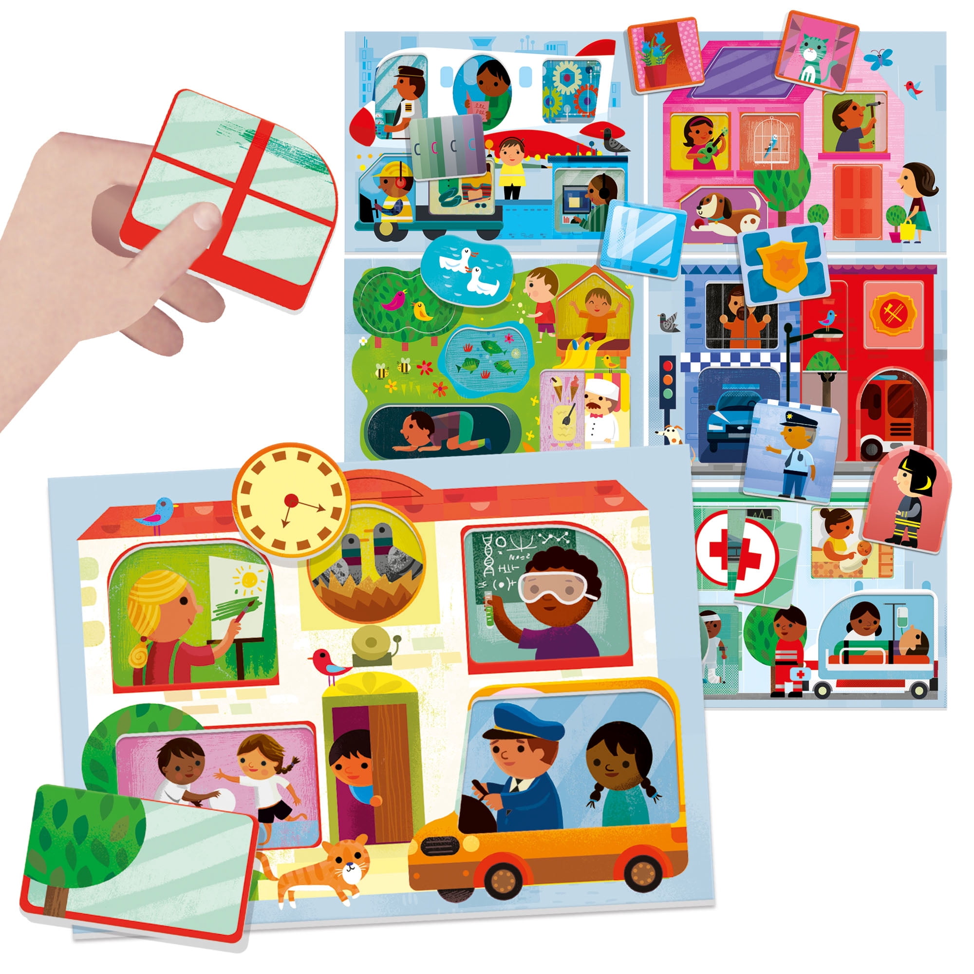 Headu: Play Town Montessori - Matching Game, Object & People Reveal, Pair Oversized Tiles To City Scene Cards, Shapes Puzzle Activity, Toddlers 2-4