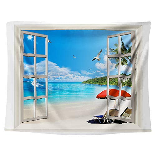 Tropical Beach Tapestry Seagulls Animal Palm Tree Blue Ocean Sand Beach Starfish Scenery View From The Open Window Nautical Hanging Dorm Bedroom Living Room Decorations 60 A 80 150cm A 0cm Walmart Com