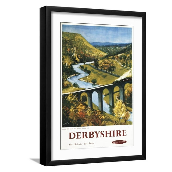 Art.com Derbyshire, England - Monsal Dale, Train and Viaduct British Rail Poster Art Print by Lantern Press, Black Frame Wall Art, 17" x 23"