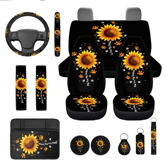 Garronmavis Sunflowers 13 Pieces Seat Cover Set Includes Seat Belt Cover Steering Wheel Cover Car Armrest Pad Coaster Keychain Lipstick Cover Car Cover for Women