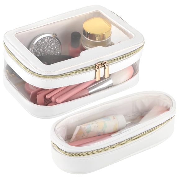 2 Pack Clear Makeup Bag Set for Travel - Waterproof Toiletry Bag with Transparent Window & Brush Holder, PU Leather Cosmetic Organizer Case