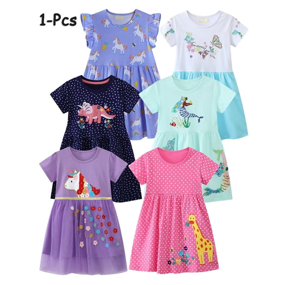 HWJAD 2-7T Baby Girls Summer Dress Flower Unicorn Toddler Cotton Layered Tutu Dress Tulle Dresses Princess Party Dress 1-Piece