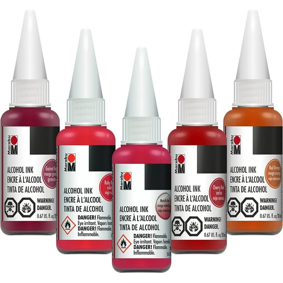 Marabu Alcohol Ink Set, Red Alcohol Ink, 5 Colors, Large 0.68 Ounce Inks