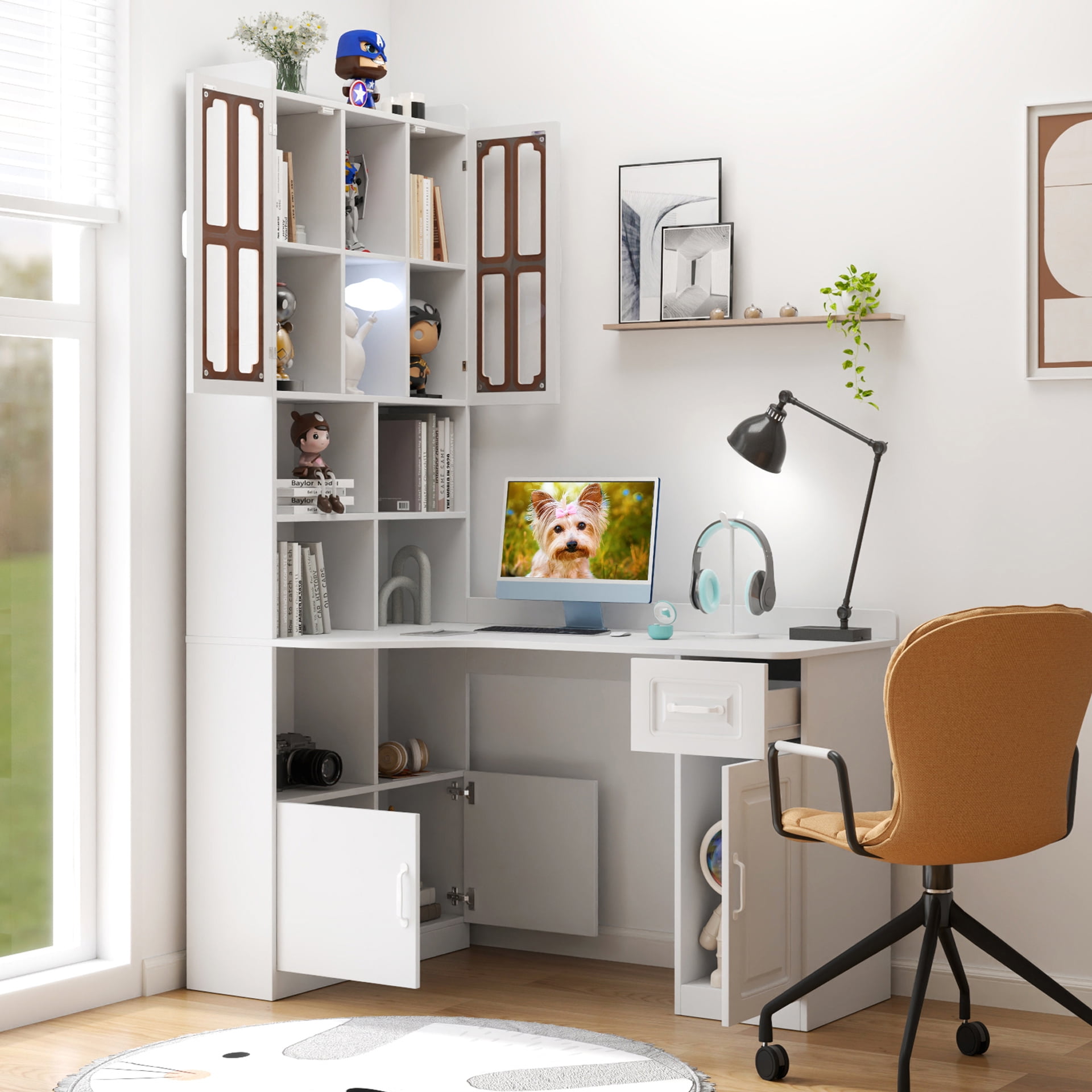 Euroco L-Shaped Corner Computer Desk for Home Office or Study desk, Study Modern Style Table with Drawers, Bookshelf & Hutch, 2-in-1 L-Shaped Design, Large Working Space,white