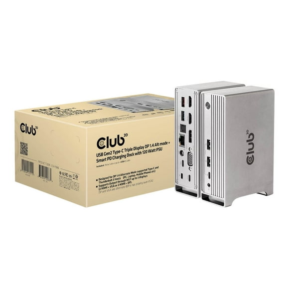 Club 3D - Docking station - USB-C - VGA, 2 x HDMI, DP - 1GbE - 120 Watt