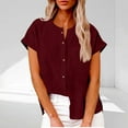 thumbnail image 2 of Feancey Business Casual Linen Shirts for Women Roll Up Short Sleeve Collarless Blouses Lightweight Breathable Gauze Shirt Dressy Summer Tops Wine XL, 2 of 8