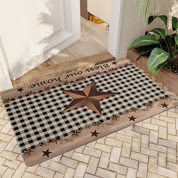 JML Doormat, Quick-Dry Microfiber & Non-Slip Rubber Backing Door Mat - Super Absorbent, Floor Mat for Bathroom/Kitchen, (16"x24") - Rustic Star and Checkerboard Pattern