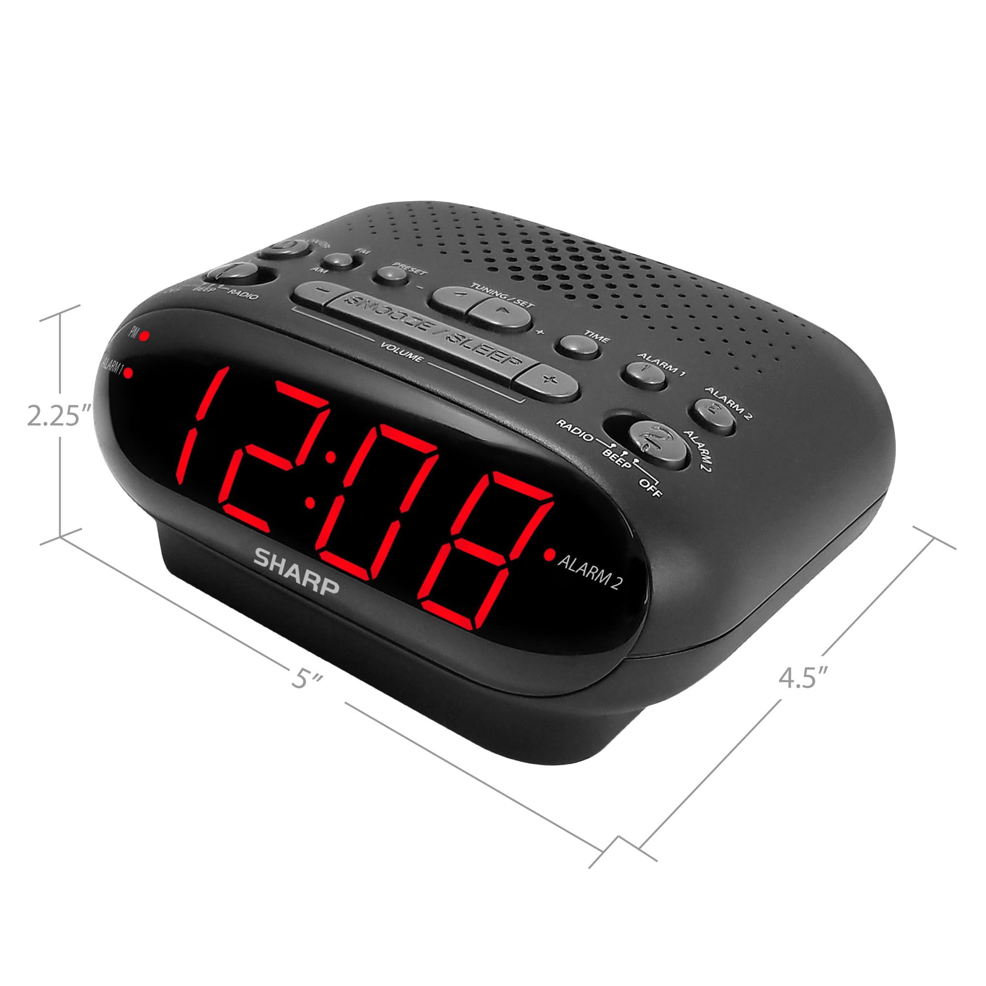 Sharp AM/FM Dual Alarm Clock Radio, 2-7/16"H x 4-5/16"W x 5-1/2"D, Black