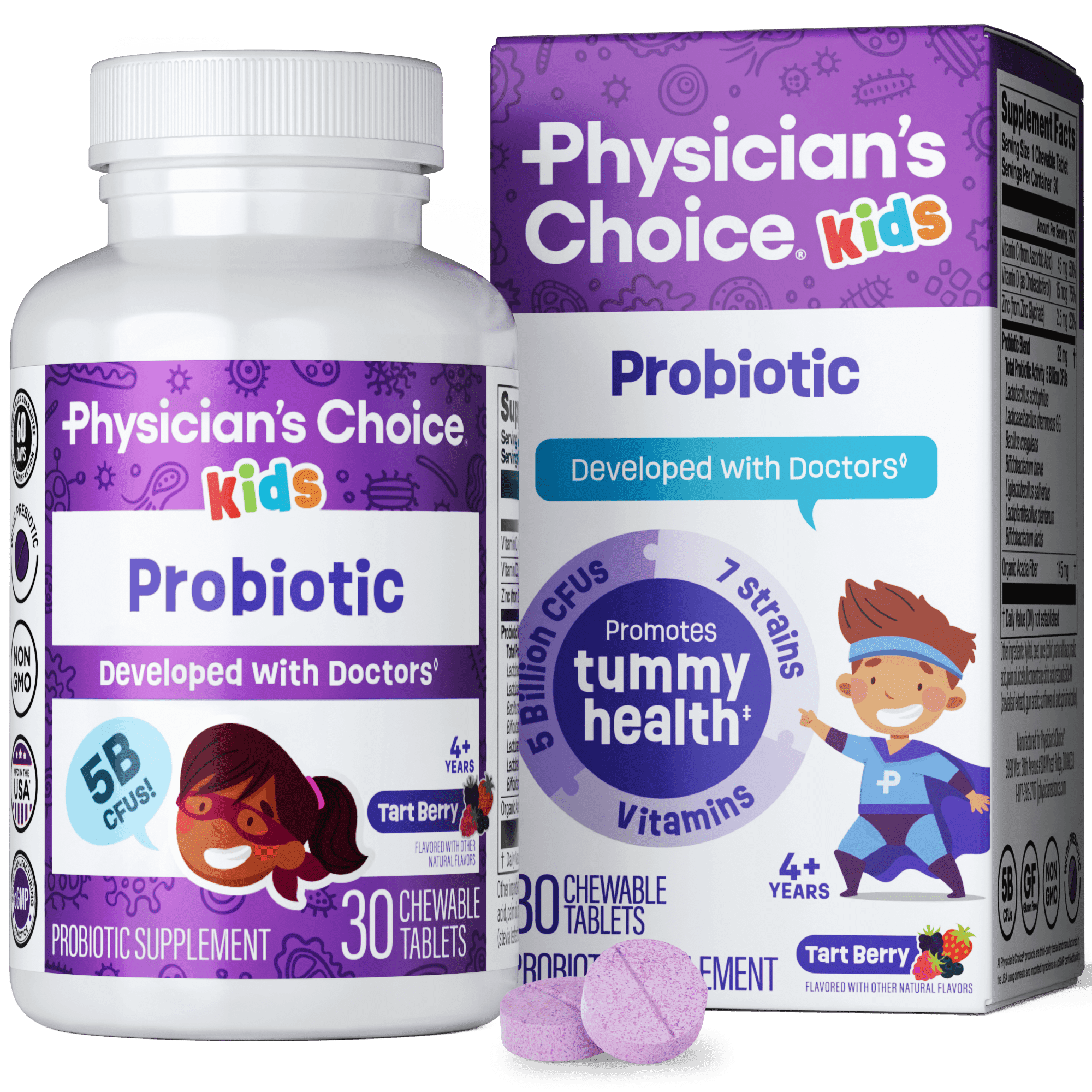 Physician's Choice Probiotics for Kids 30 Counts - 7 Diverse Strains, Prebiotics, Vitamins & Minerals, Clinically Studied L. Rhamnosus GG, Immune & Digestive Support, No Sugar or Artificial Dyes