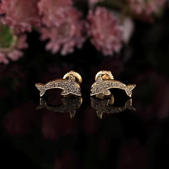 1Ct Round Lab-Created Diamond Dolphin Shape Stud Earring 14K Yellow Gold Plated