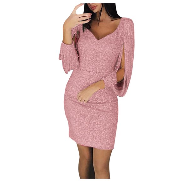 Ketyyh-chn99 Women's Cocktail Dresses Evening Dresses for Wedding Womens Elegant Flared Sleeve Evening Party Formal Dress Plus Size Pink,S