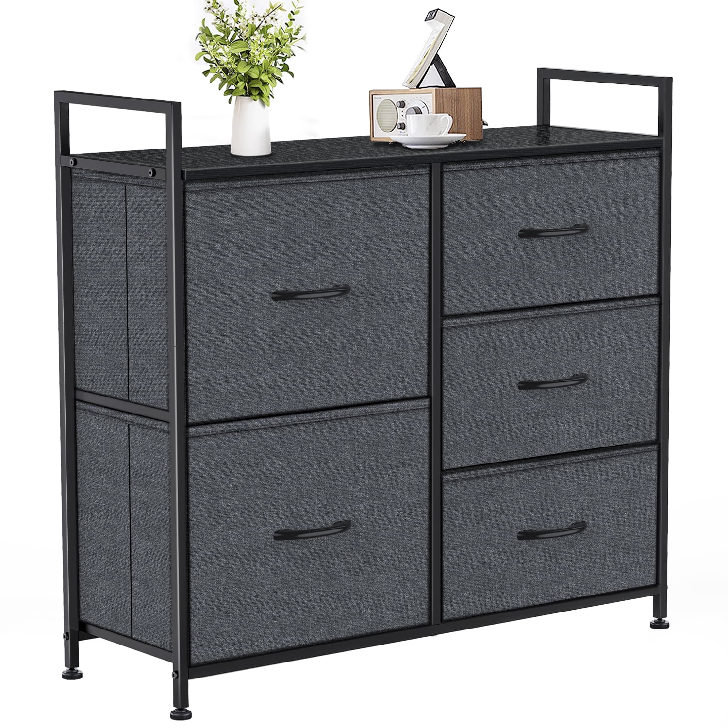 5-Drawer Plastic Storage Tower Organizer with Fabric Bins & Sturdy Metal Frame - Compact Space-Saving Design for Bedroom, Closet, Living Room