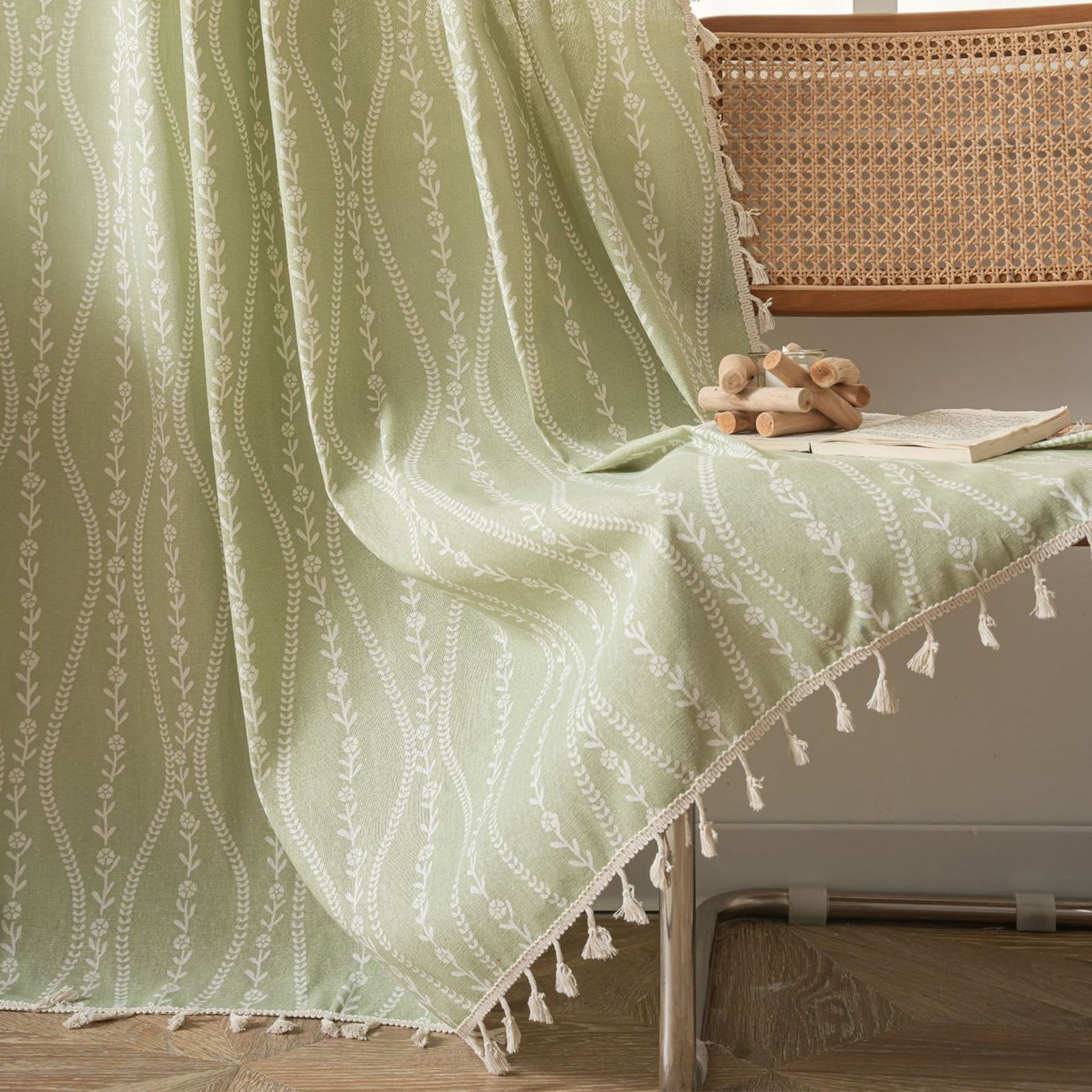 PixelForge Linen Curtains Floral Patterned Window Curtains, 84 Inch Length, Farmhouse Style, Semi-Blackout Light Filtering,1 Panel for Living Room,Green