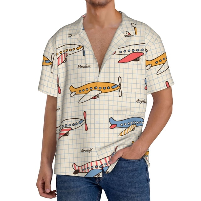 Fotbe Striped Vintage Planes Camisa Estampada de Manga Corta para Hombre, Casual de Verano, Estilo Playero, Sin Arrugas-3X-Large